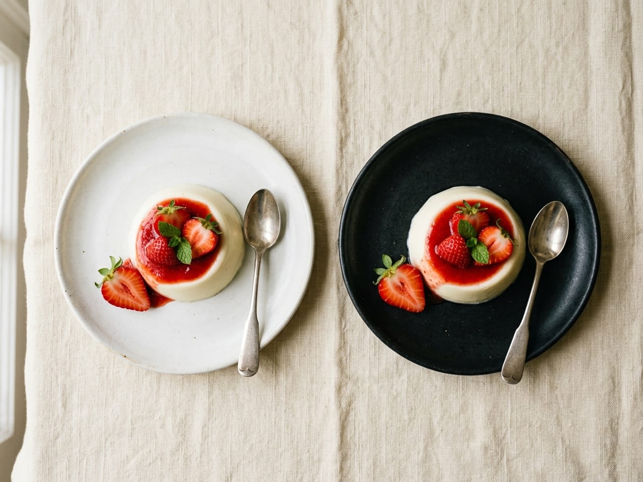 Two identical strawberry panna cotta desserts side by side, one on a white plate and one on a black plate