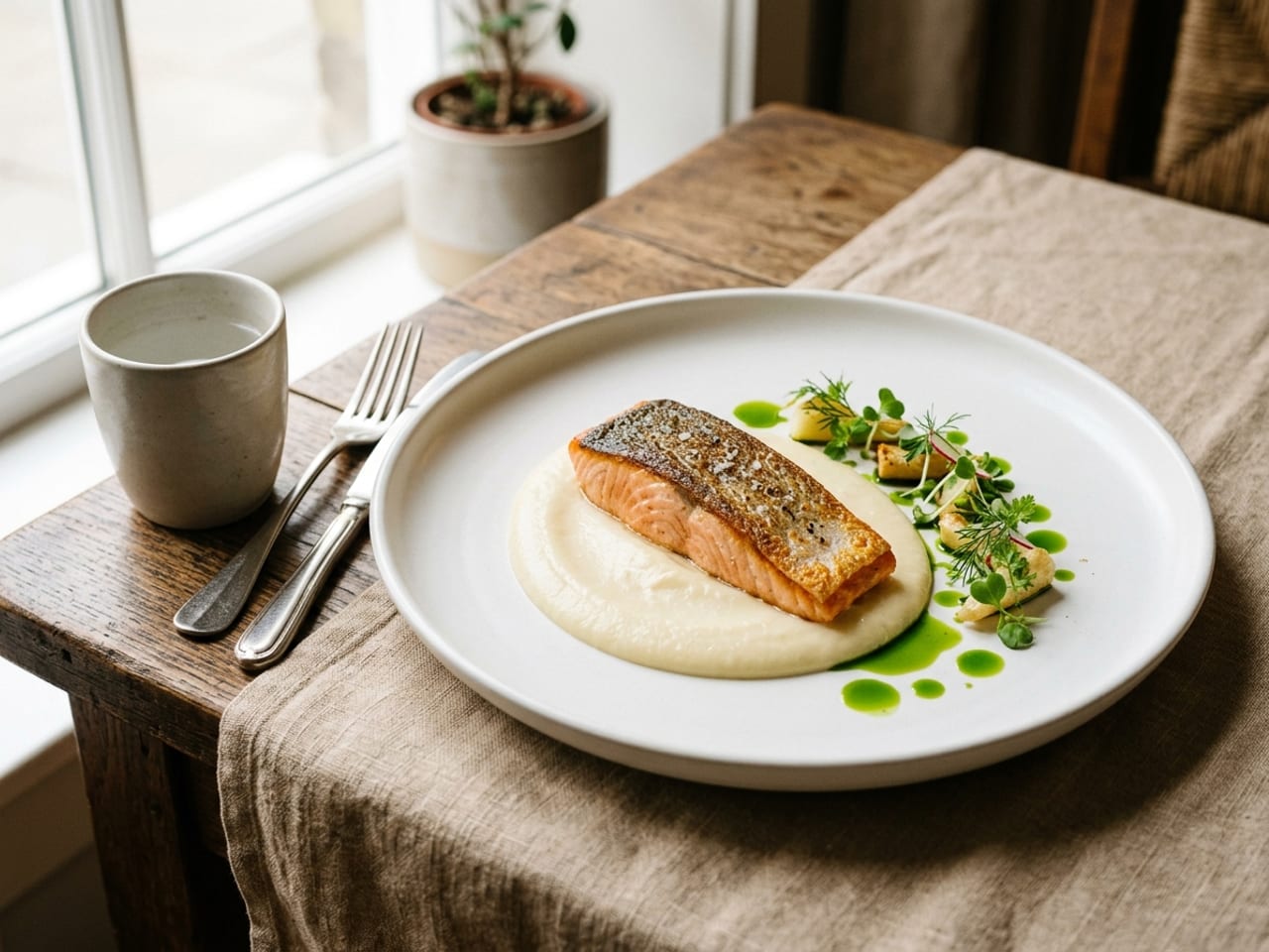 Seared salmon on parsnip purée with green herb-oil dots on a white plate — an example of the 60-30-10 color ratio