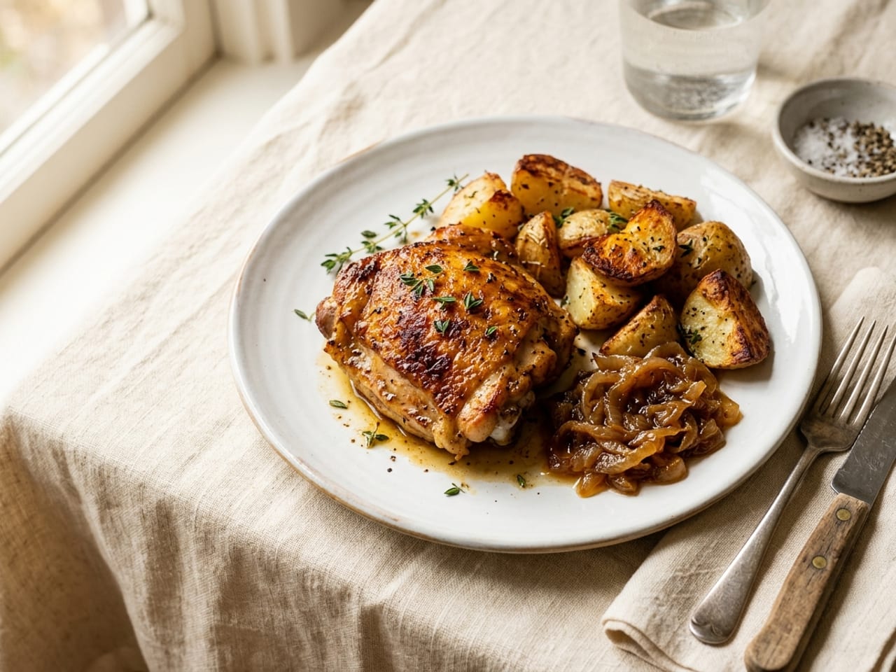 A roast chicken thigh with crisp caramelised skin, roasted potatoes and caramelised onions on a white plate, every tone golden-brown