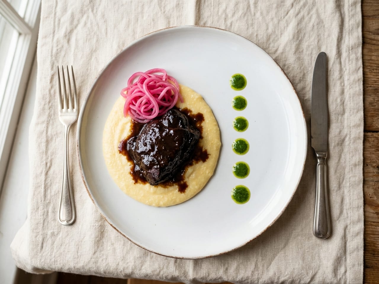 Overhead view of braised beef cheek on polenta with a tight tangle of pink pickled red onion at eleven o'clock and one line of green herb-oil dots down the side