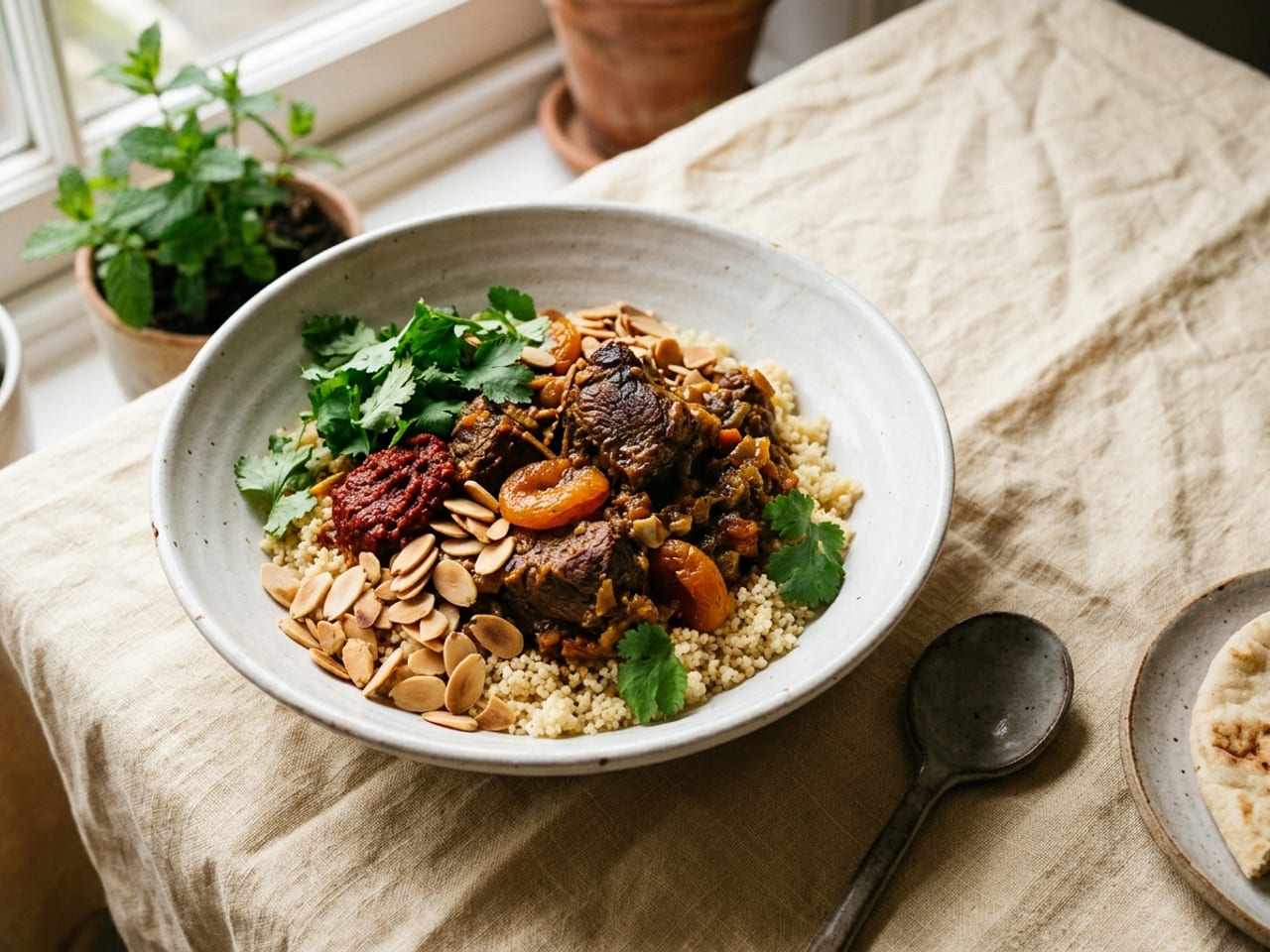 A lamb tagine in a shallow white bowl with orange apricots, red harissa, green coriander and golden toasted almonds, every color from the dish itself