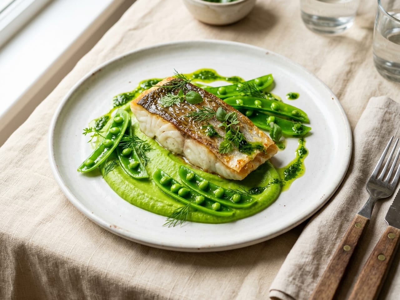 A roasted cod fillet on a swipe of bright green pea purée with glossy sugar-snap peas, herb oil and soft herb leaves on a white plate
