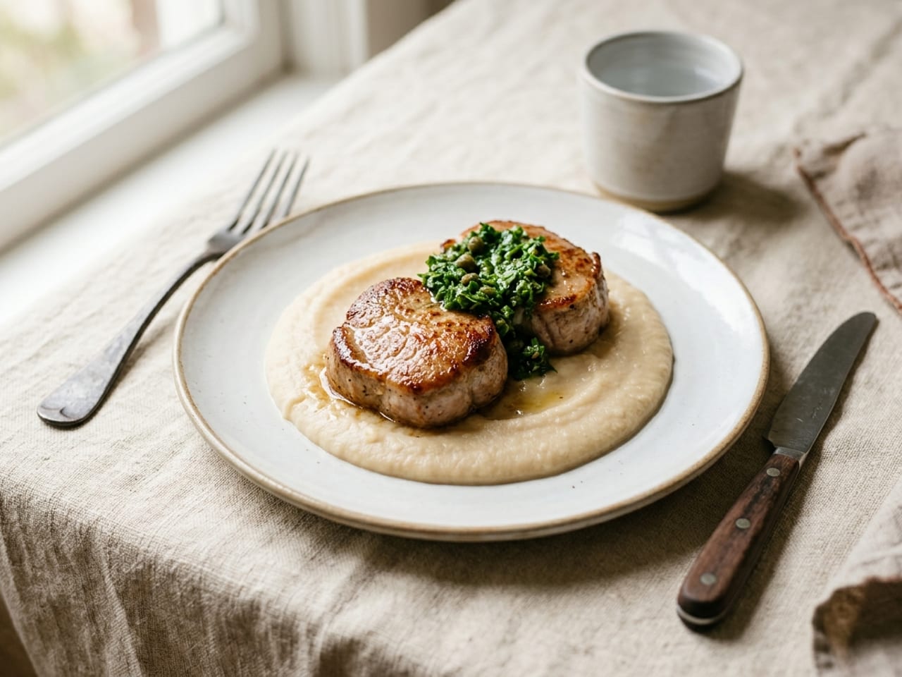 Seared pork medallions on pale white-bean purée, all beige and gold, with a single spoonful of vivid green salsa verde on the pork