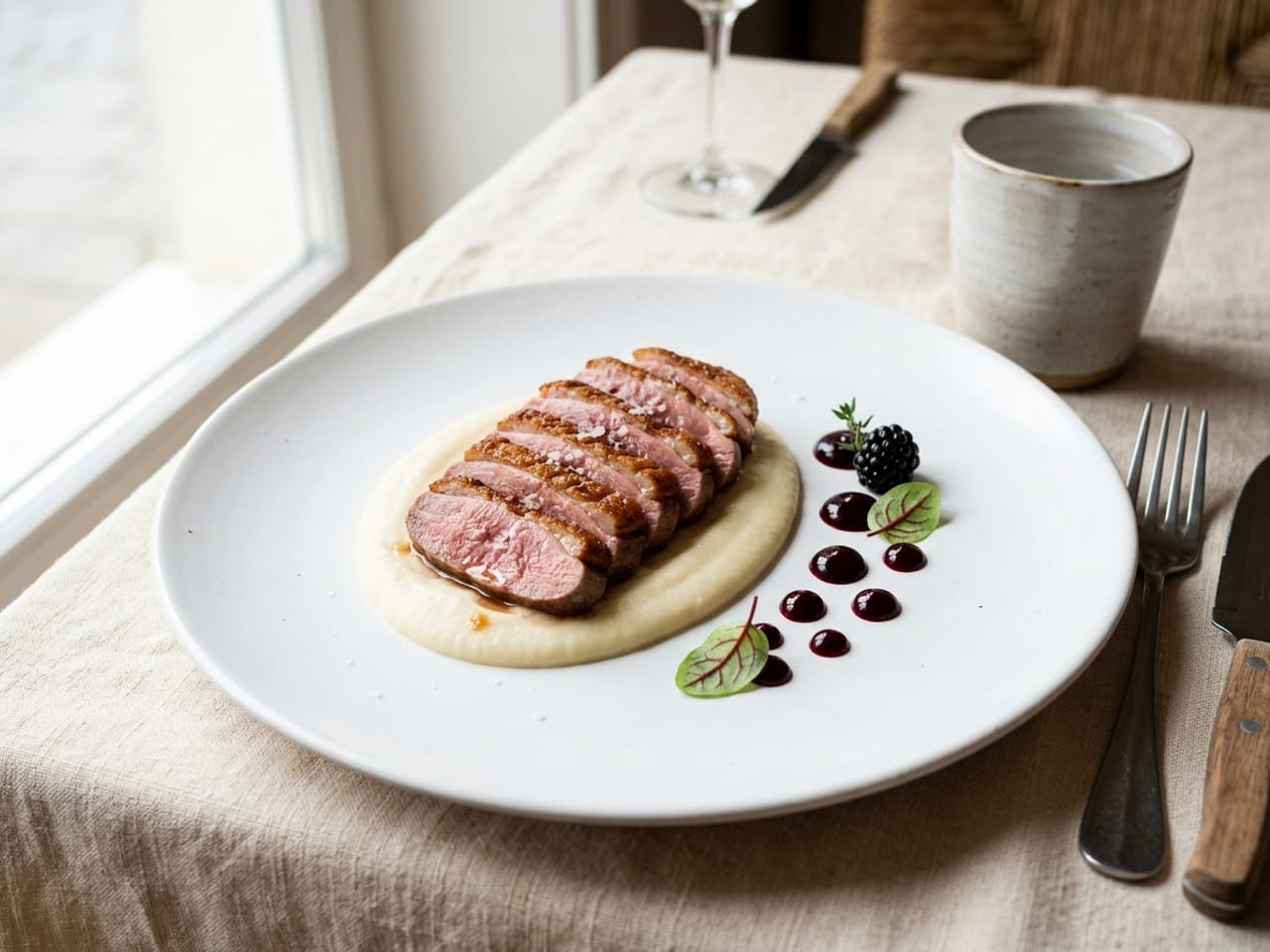 A wide white plate with pale celeriac purée as the canvas, fanned slices of seared duck breast as the supporting color, and a small accent of blackberry sauce dots