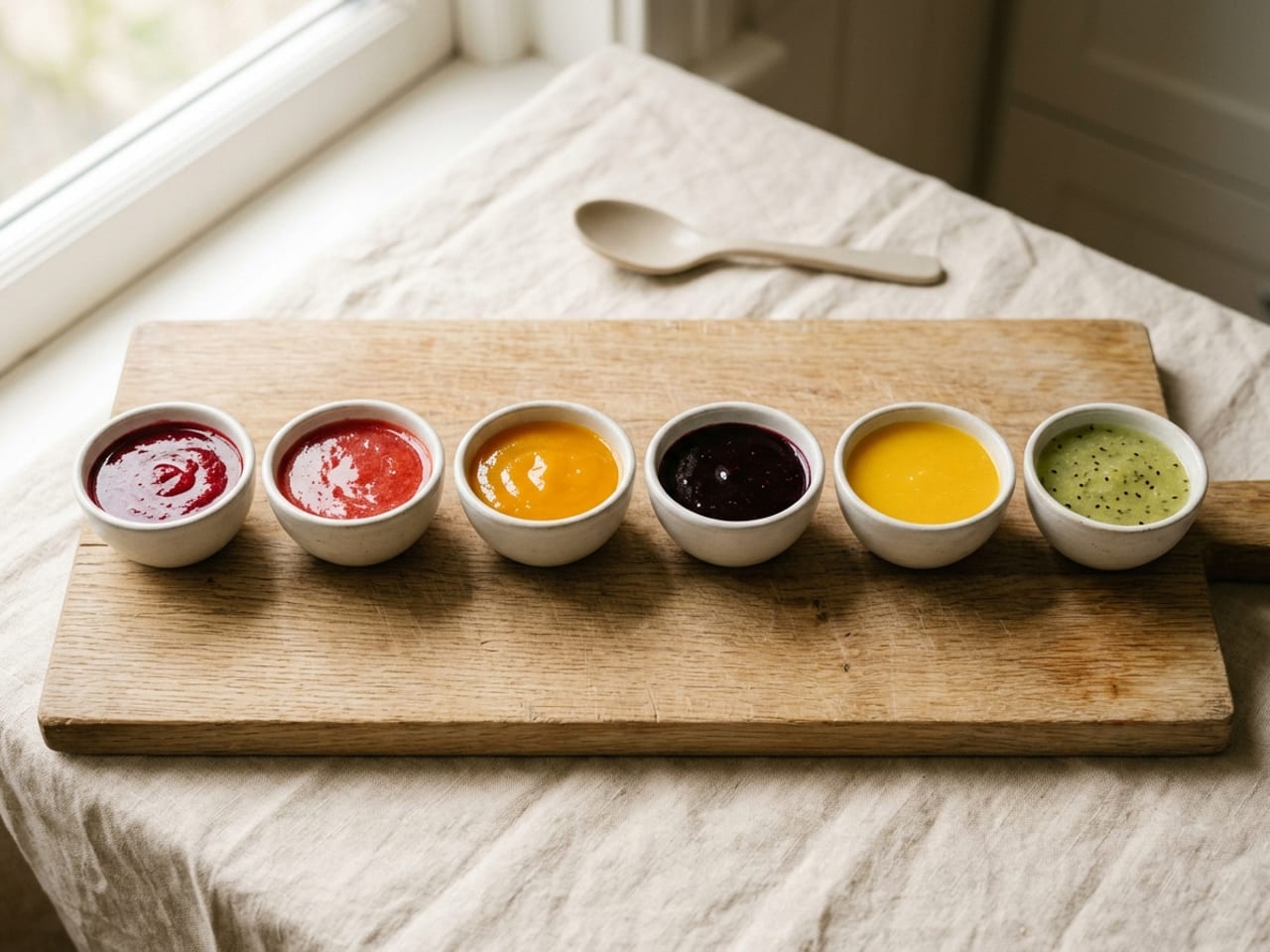 Six small white bowls of fruit coulis in a row on a pale wooden board, left to right: deep red raspberry, bright red strawberry, golden orange mango, deep purple blueberry, yellow passion fruit and pale green kiwi flecked with whole black seeds