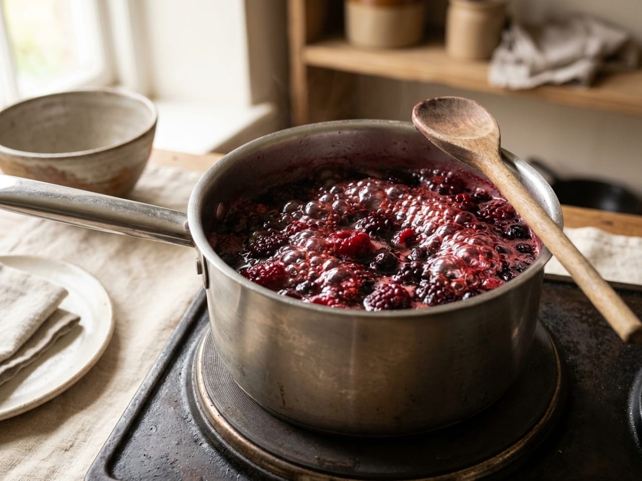Frozen mixed berries at a rolling boil in a small stainless steel saucepan on a hob, bubbles breaking across the whole surface, a wooden spoon resting on the rim