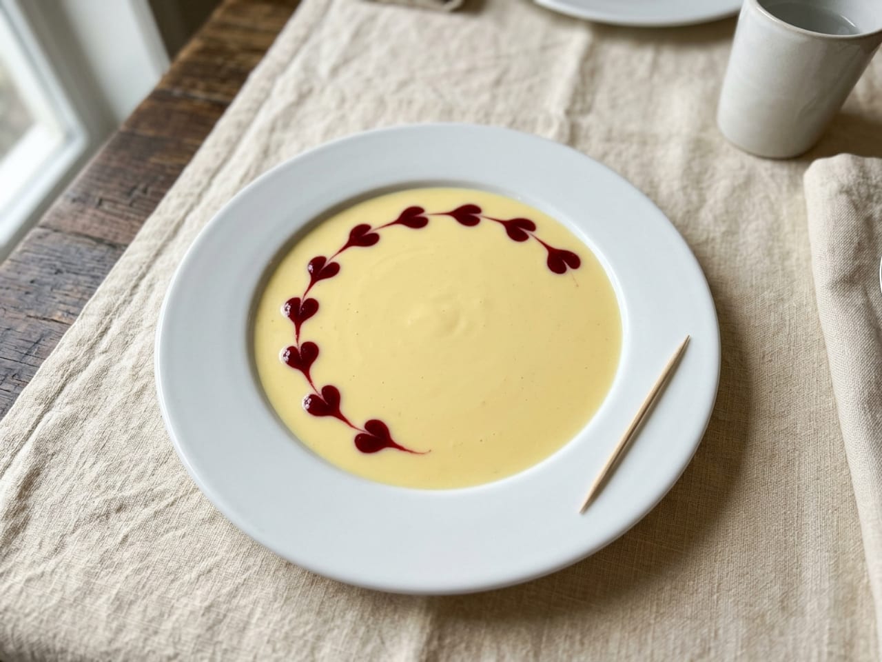 Overhead view of a white plate flooded with pale yellow crème anglaise, a curved line of raspberry coulis dots on it, each dot pulled into a small heart with a tail, a wooden toothpick lying on the plate's rim