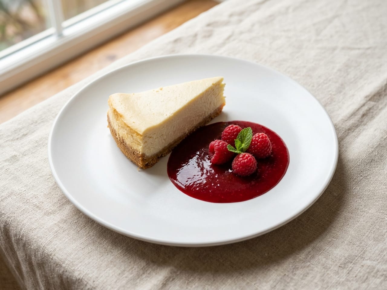 A slice of vanilla cheesecake on a wide white plate beside a round pool of glossy seedless raspberry coulis, with a few fresh raspberries and a small mint leaf, the whole plate in frame on cream linen
