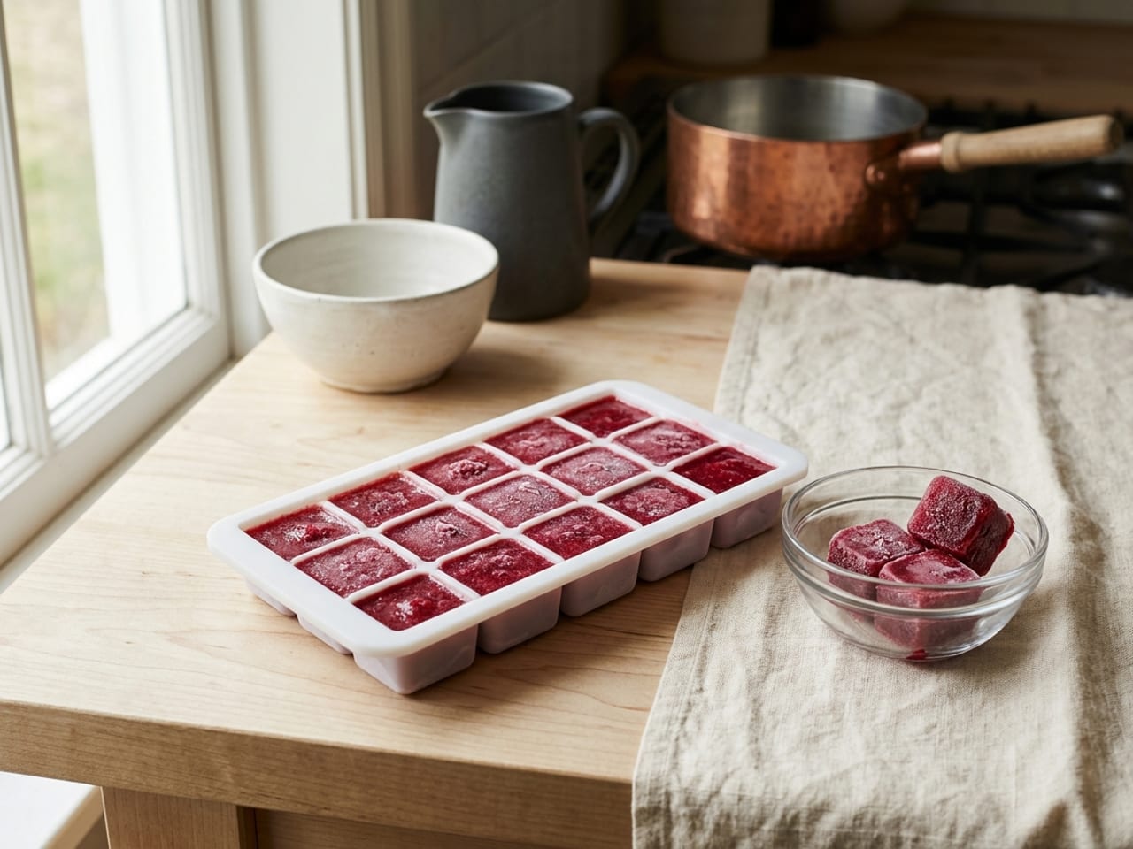 A white ice-cube tray on a kitchen counter, its cubes filled with frozen deep red raspberry coulis, and a few frozen coulis cubes in a small glass bowl beside it