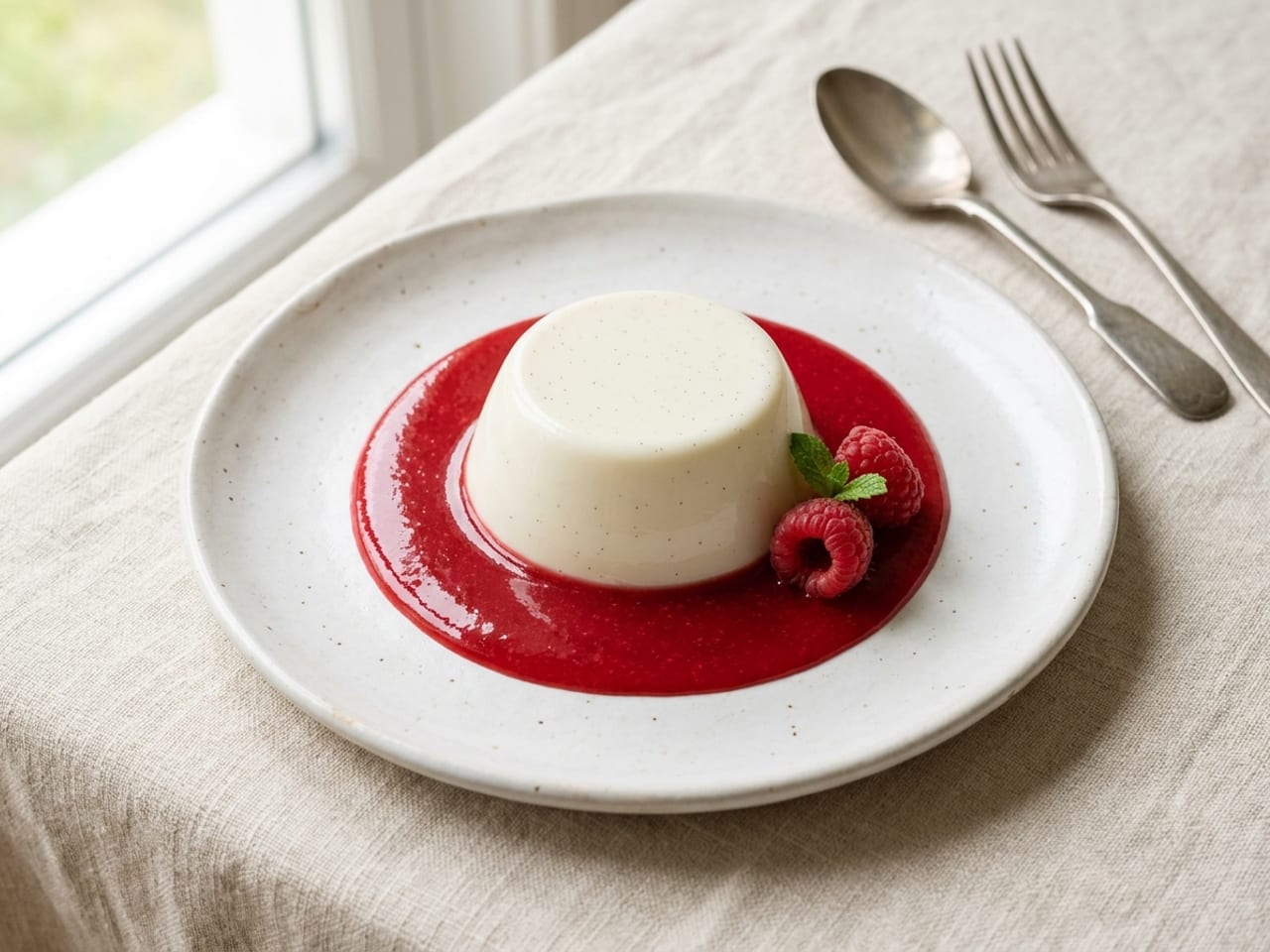 A vanilla panna cotta turned out onto a spoonful of raspberry coulis in the centre of a white plate, the coulis spreading in a neat round pool around its base, with raspberries and a small mint leaf beside it