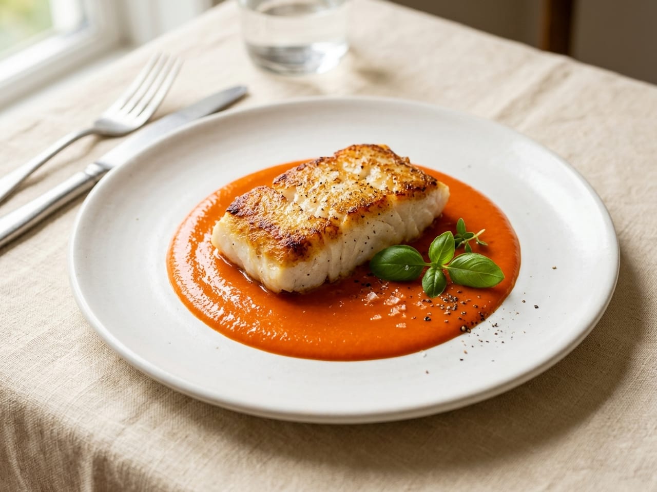 A seared fillet of white fish with a golden crust set on a smooth pool of bright orange-red pepper coulis on a white plate, a few small basil leaves beside it