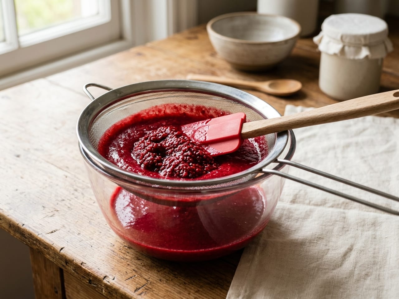 A fine-mesh sieve over a glass bowl, a rubber spatula resting on deep red raspberry purée in it, a small mound of pressed seeds left in the mesh and smooth seedless coulis in the bowl below