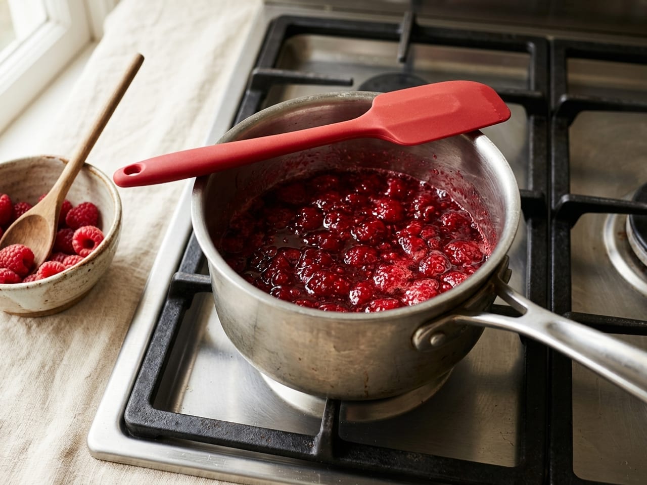 Fresh raspberries breaking down with sugar in a small stainless steel saucepan at a gentle simmer, bubbling softly through the fruit, a red silicone spatula resting across the pan