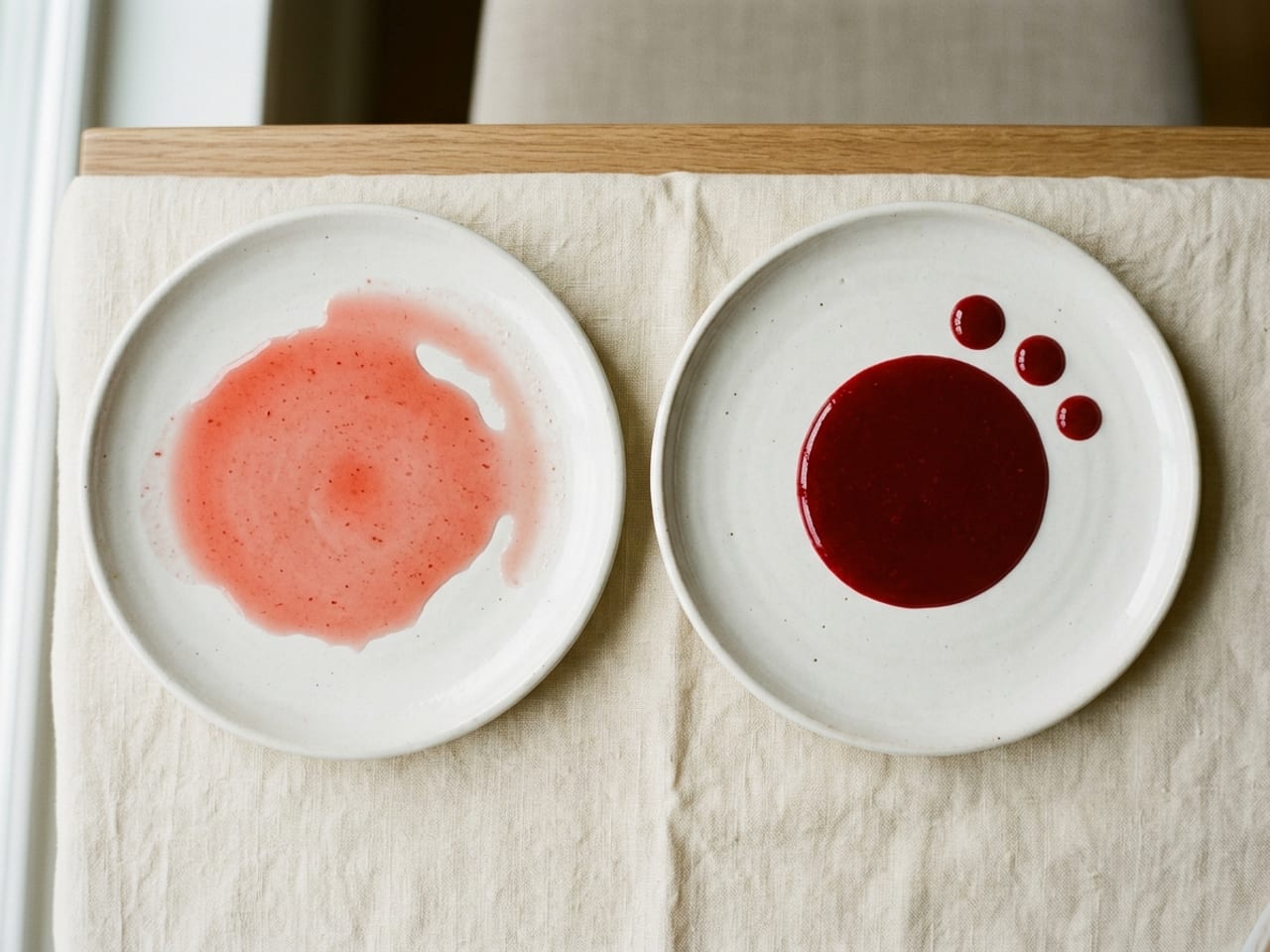 Two white plates side by side: on the left a thin, watery red coulis spread flat with a pale wet halo at its edge; on the right a glossy, syrupy raspberry coulis holding a clean round pool with three neat dots beside it