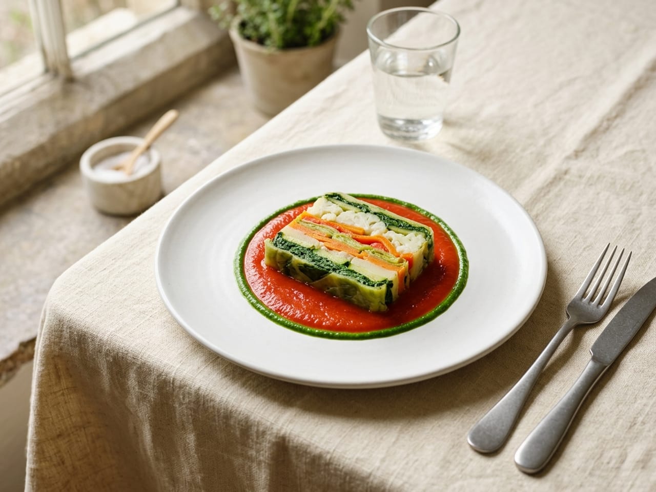 A slice of layered vegetable terrine on a white plate, set on a pool of smooth red tomato coulis edged with a thin line of green parsley purée