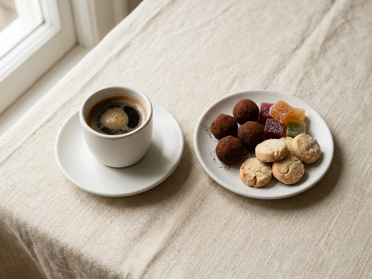 A small white cup of black coffee on a saucer beside a small plate of bite-sized sweets: chocolate truffles, small shortbread biscuits and squares of fruit jelly, on cream linen