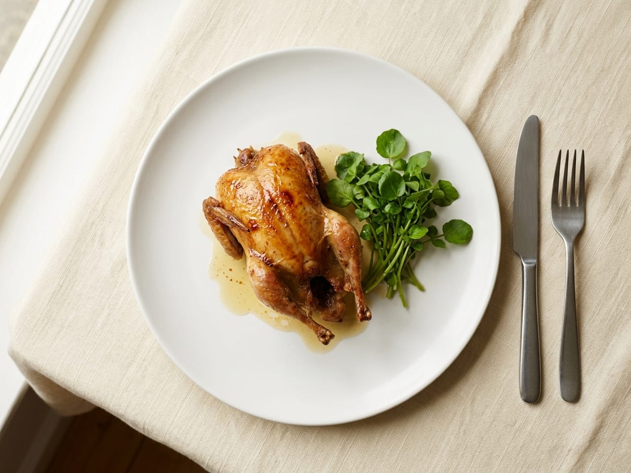 A small roast game bird, golden brown, on a white dinner plate with a bunch of watercress and a little clear roasting juice, on cream linen