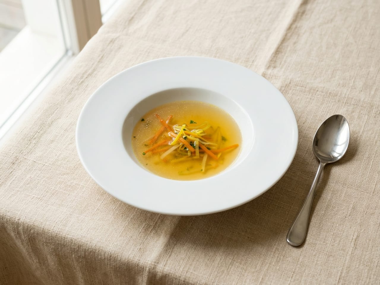 A wide-rimmed white soup plate holding a small portion of clear golden consommé with a few fine vegetable strips, a soup spoon to its right, on cream linen