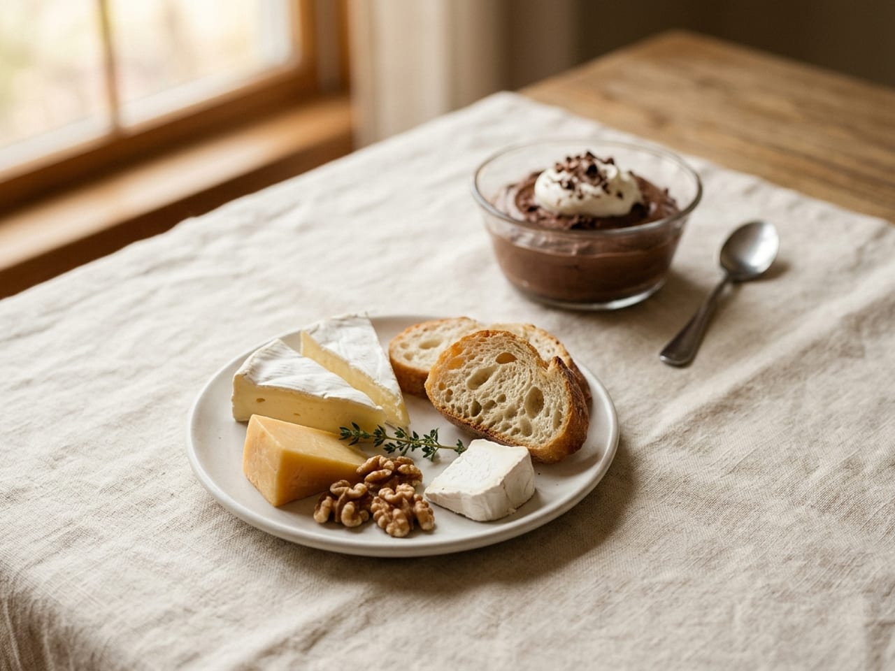 A small plate with wedges of cheese and slices of baguette in the foreground on cream linen, and behind it a small glass dish of chocolate mousse waiting