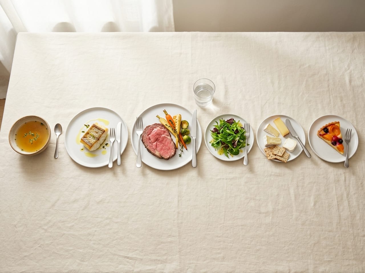 The courses of one dinner lined up left to right on cream linen: a small bowl of clear soup, a plate with a small piece of fish, a plate with slices of roast meat and vegetables, a small plate of green salad, a small plate with wedges of cheese and a plate with a slice of tart