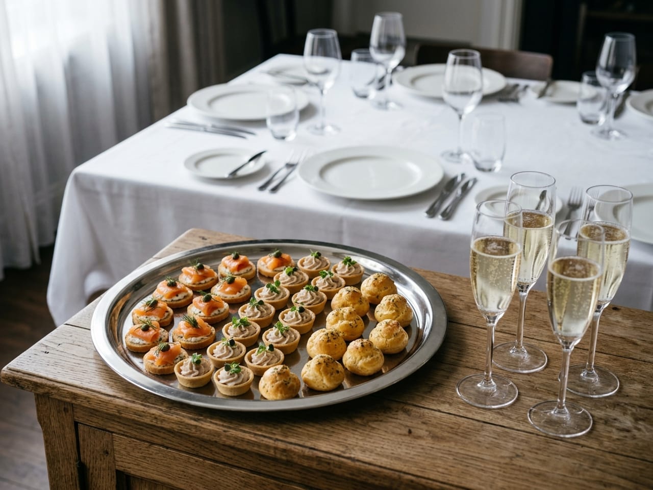 A round tray of small one-bite canapés on a sideboard beside glasses of sparkling wine, a dinner table set with plates and glasses behind it