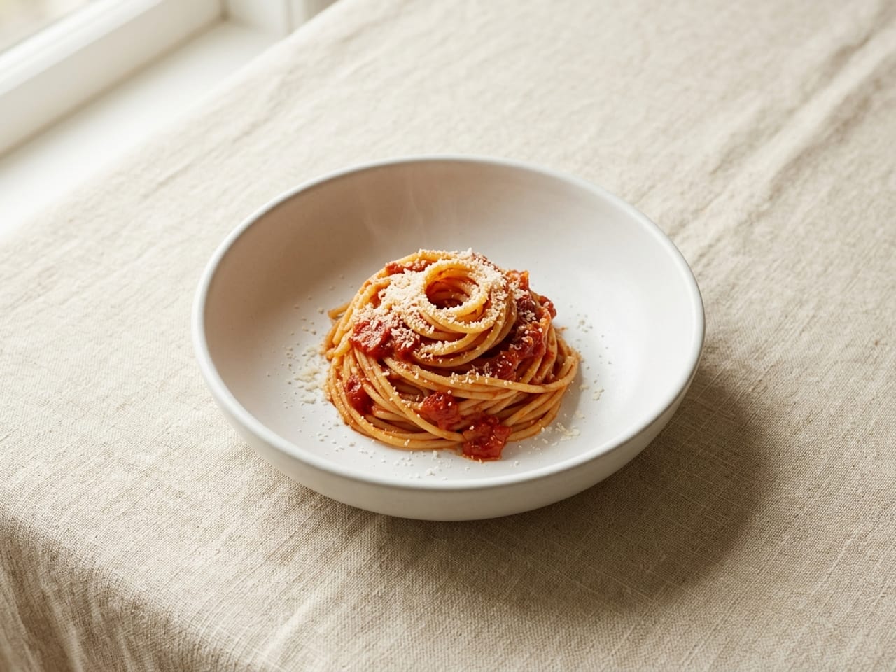 A small portion of pasta in tomato sauce twirled into a nest in a shallow white bowl, a little grated cheese on top, on cream linen
