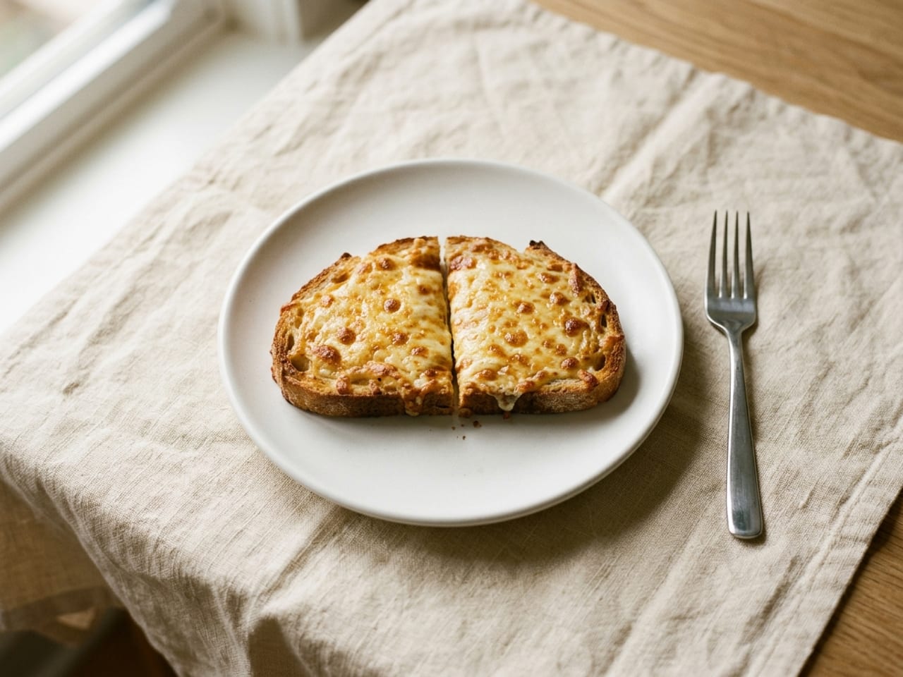 A small white plate with a slice of toast covered in bubbling golden melted cheese, cut in half, on cream linen beside a small fork