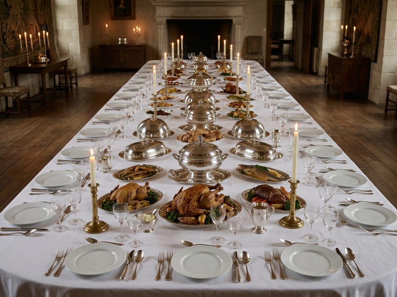 A long table covered in white linen and set in the old French manner, with many covered silver dishes, tureens and platters of food arranged symmetrically down its whole length and tall candles, no people