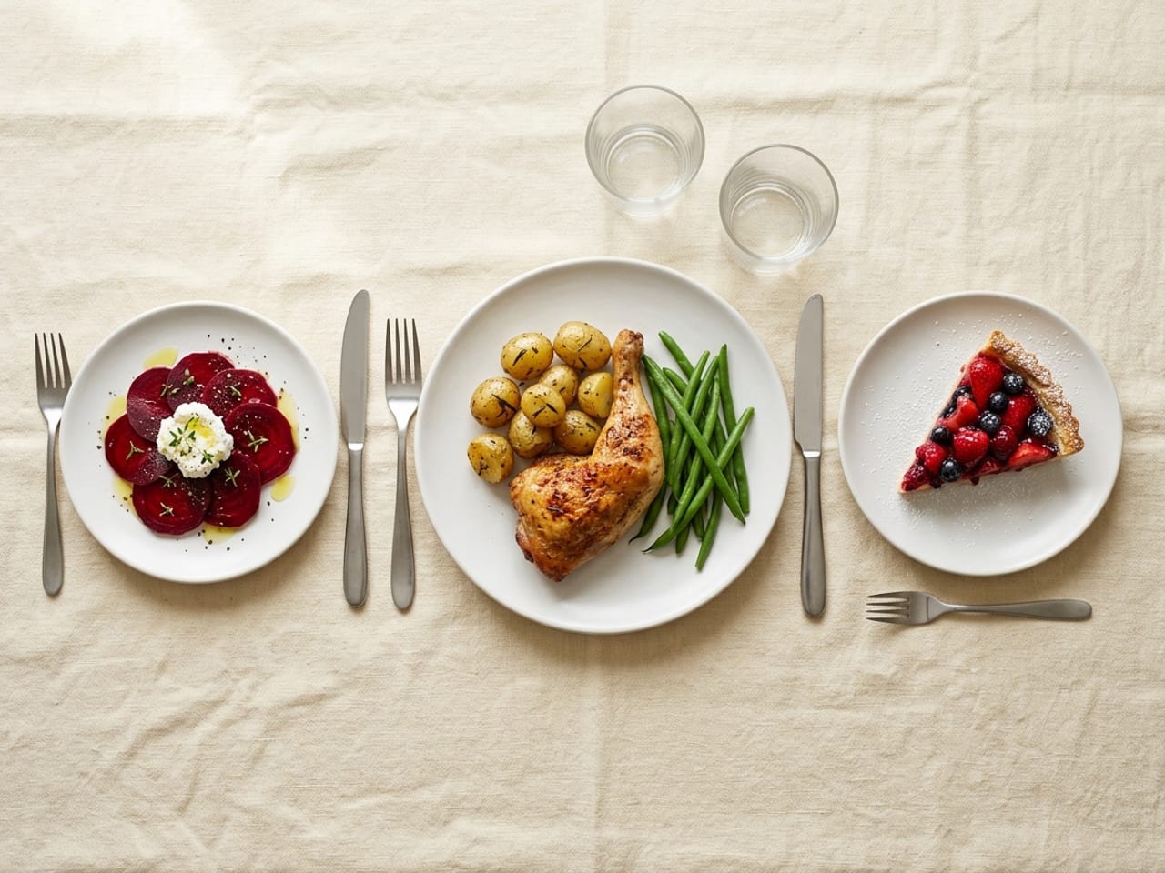 A row of plates seen from directly above on cream linen: on the left a small plate with a starter of sliced beetroot and soft white cheese, in the middle a larger plate with a piece of roast chicken, potatoes and green beans, and on the right a small plate with a slice of fruit tart