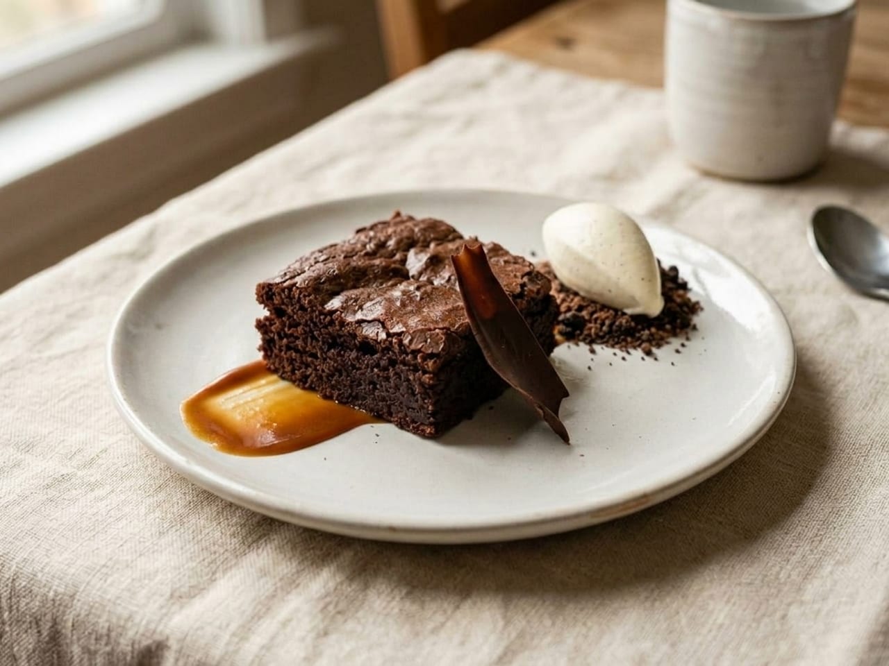 The identical brownie re-plated: caramel smear underneath, crumble soil with an ice cream quenelle, a chocolate shard leaning for height