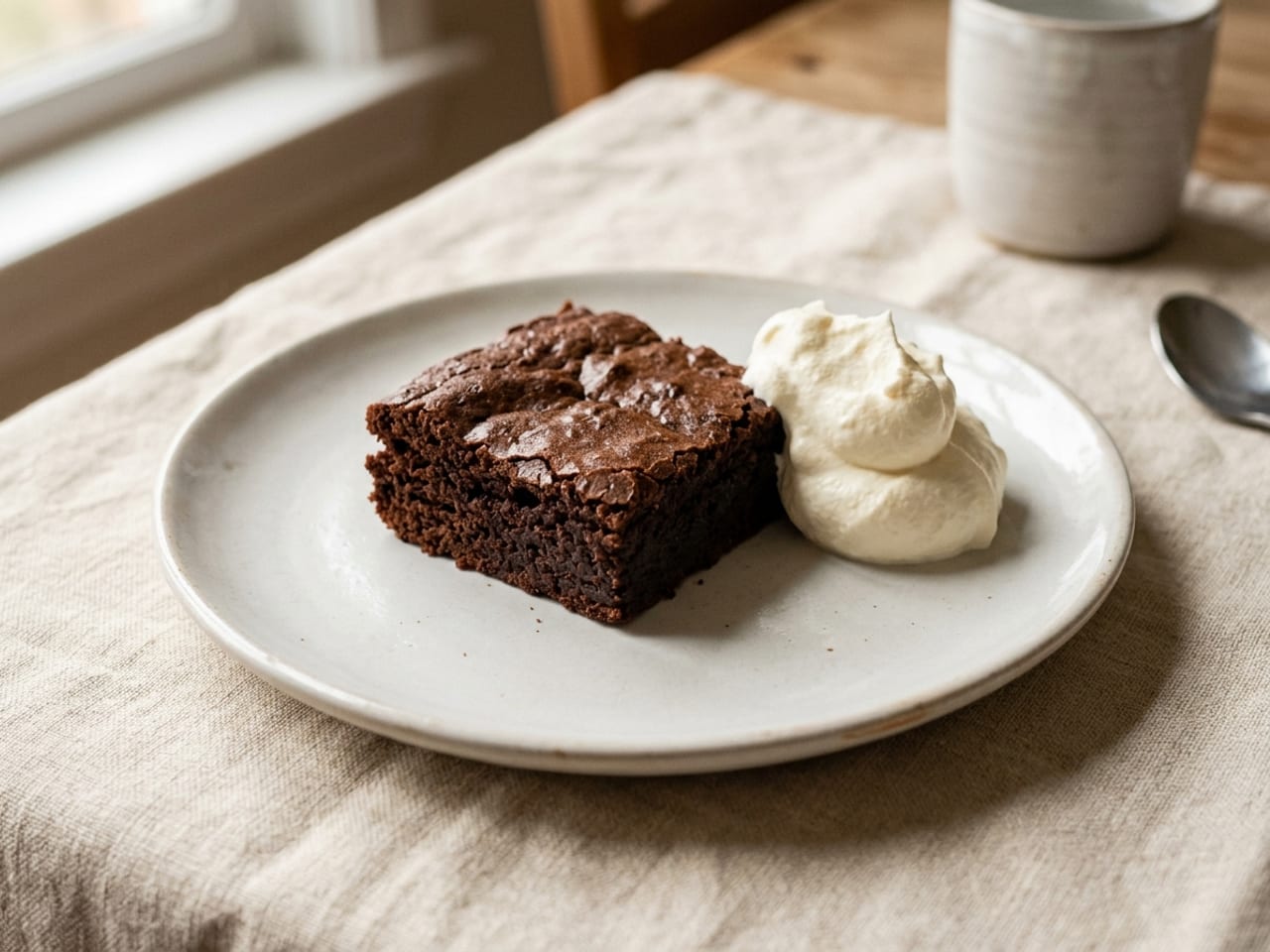A square of chocolate brownie sitting plain in the center of a white plate with a spoonful of whipped cream beside it