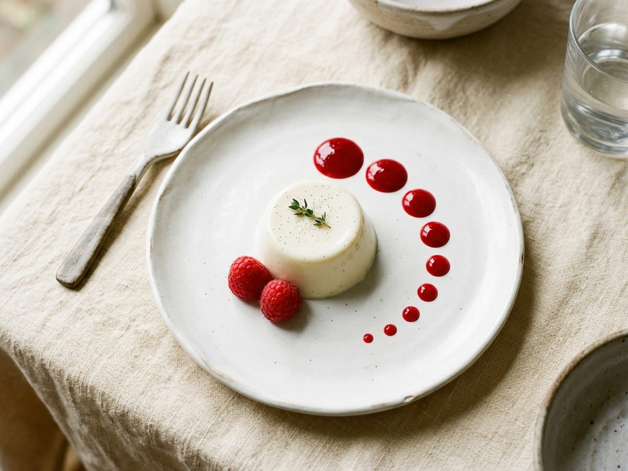 Overhead view of a vanilla panna cotta with a curve of raspberry coulis dots shrinking in size as they move away from it