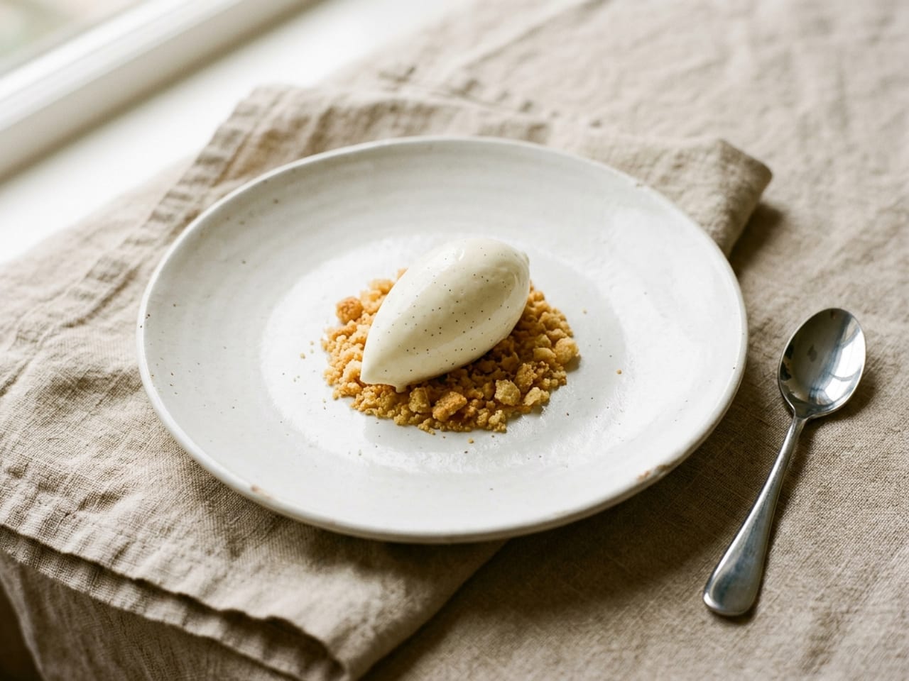 A smooth, egg-shaped quenelle of vanilla ice cream resting on a small bed of golden cookie crumble on a wide white plate, a spoon beside the plate