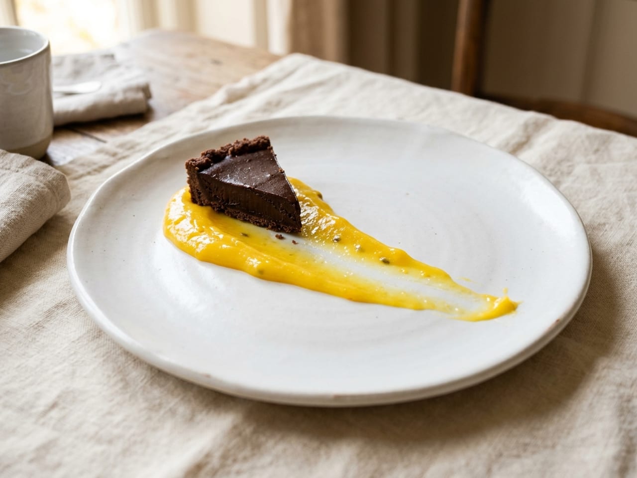 A thick smear of yellow passion-fruit curd pulled across a white plate, thick at the start and tapering to a tail, with a wedge of chocolate tart on the thick end