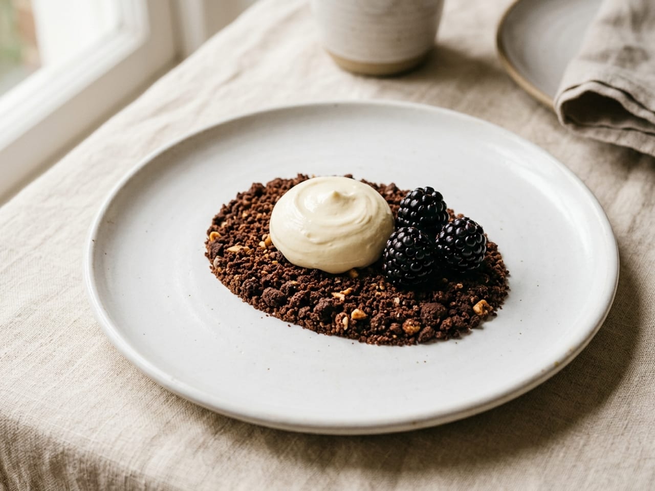 A neat oval bed of chocolate cookie soil and hazelnut crumble with a spoonful of crème fraîche anchored on it and three blackberries beside