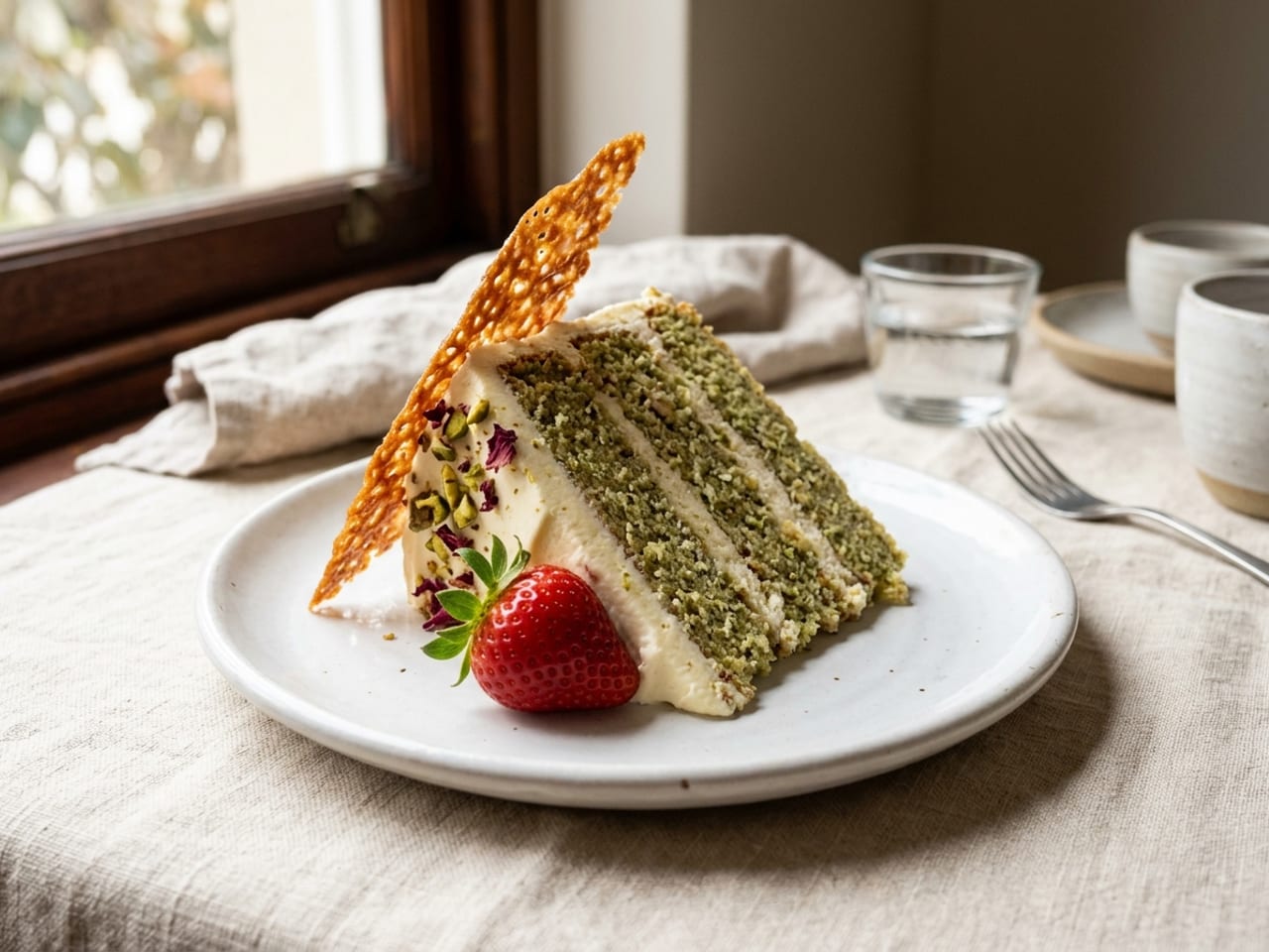 A slice of layered pistachio cake with a caramel tuile leaning against it and a strawberry propped on the cream, set off-center on a white plate