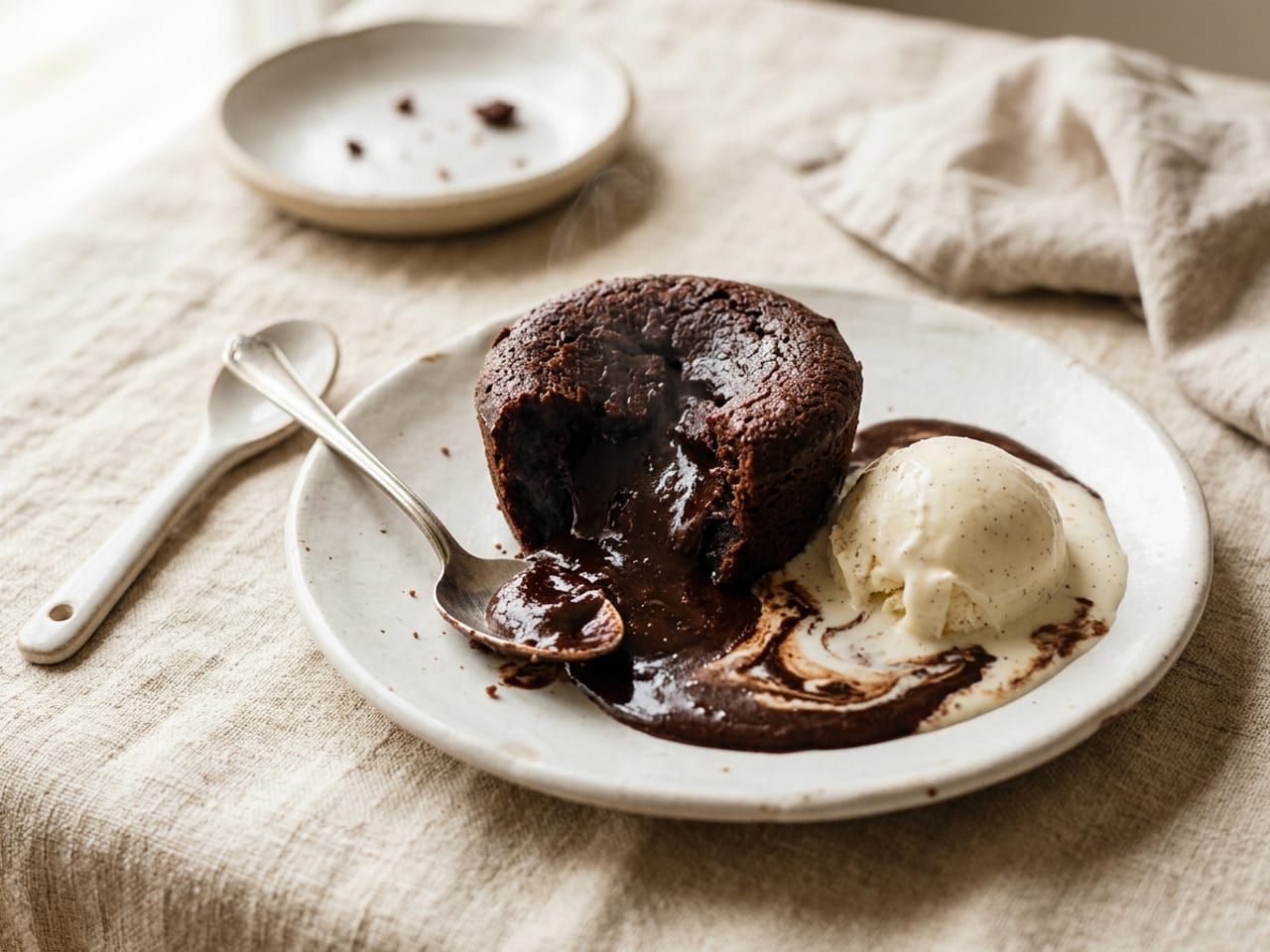 A warm chocolate fondant cut open with its center flowing, a scoop of cold vanilla ice cream melting into it, a wisp of steam rising