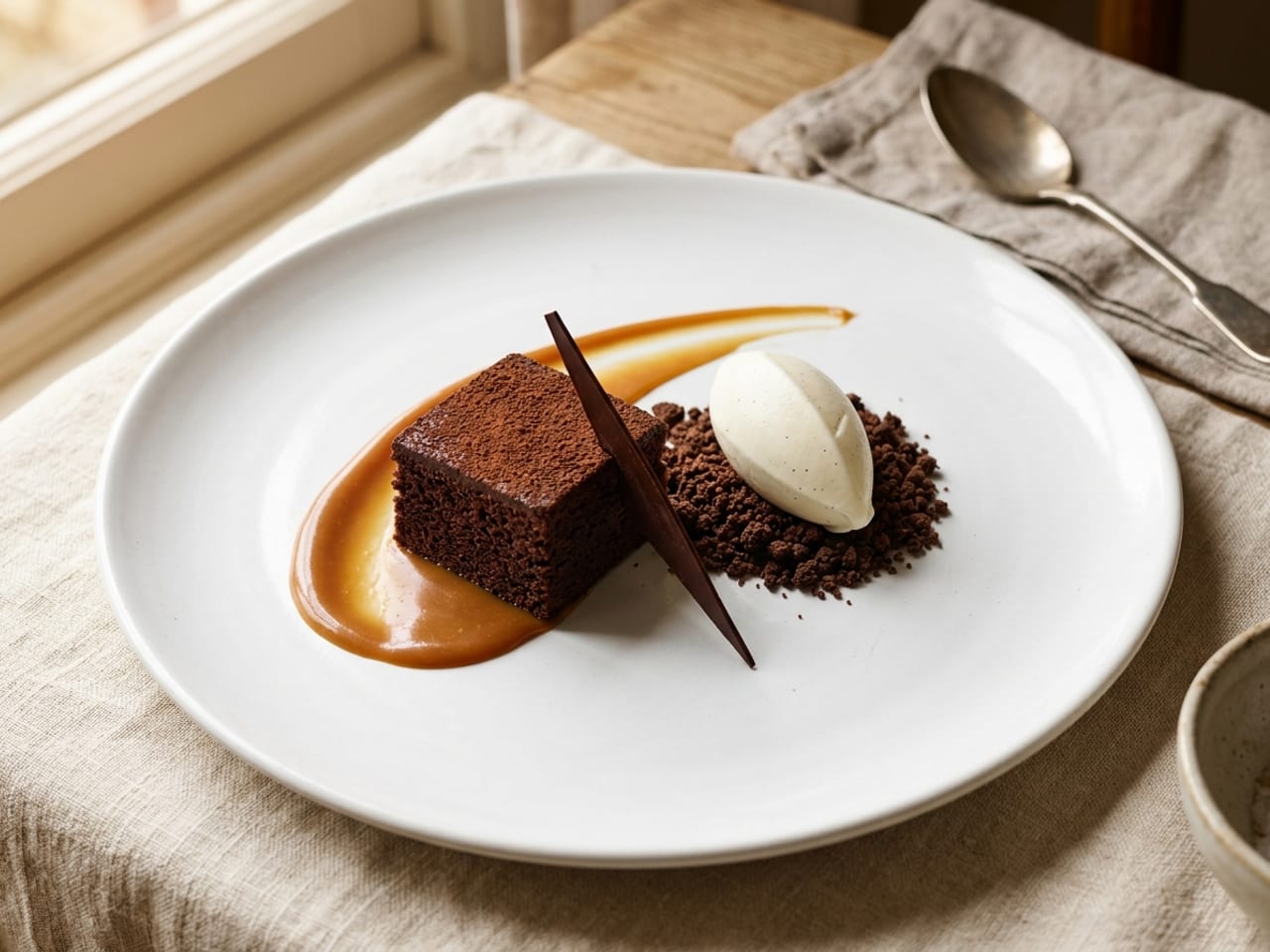A plated dessert on a white plate: chocolate cake hero, caramel smear, cookie crumble soil, an ice cream quenelle and a chocolate shard for height