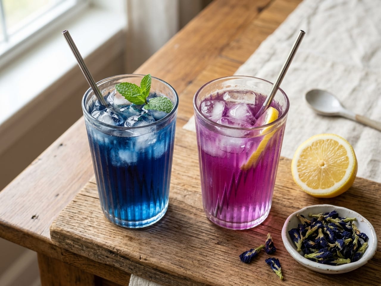 Two clear glasses of butterfly pea flower tea: one deep blue, the other turned violet-pink where lemon juice has been added, with ice and metal straws, a cut lemon and a small dish of dried blue butterfly pea flowers beside them