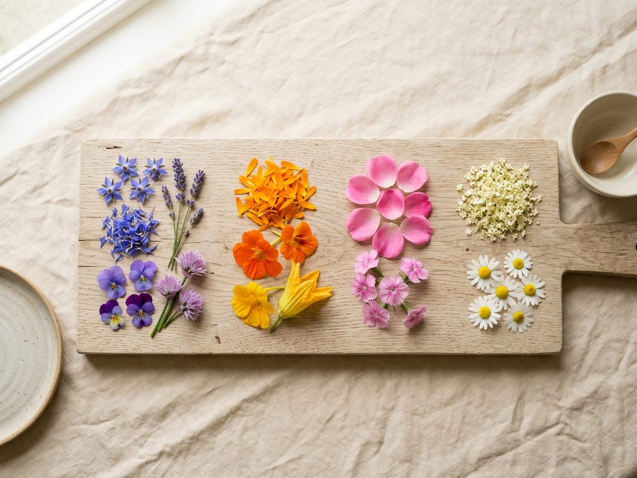 Fresh edible flowers laid out on a pale wooden board in four colour groups, left to right: blue and purple (borage, cornflowers, violas, lavender, chive blossoms), yellow and orange (calendula petals, nasturtiums, a squash blossom), red and pink (rose petals, dianthus) and white and cream (loose elderflower florets picked off their stalks, chamomile)