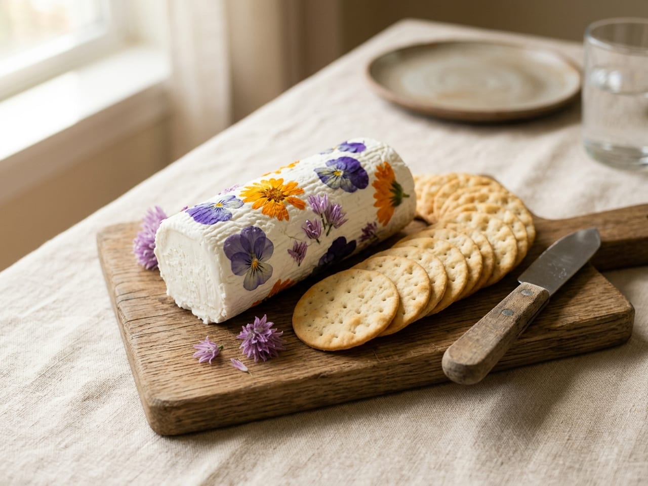 A log of fresh white goat cheese on a wooden board, its surface pressed with flat purple violas, orange calendula petals and tiny purple chive blossom florets, with crackers and a small cheese knife alongside