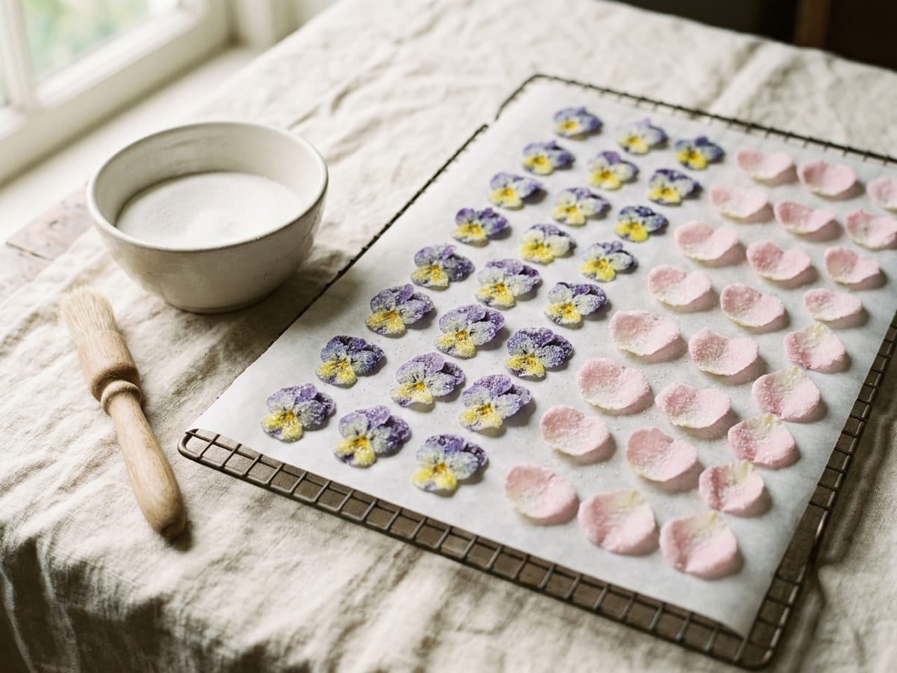 Crystallised violas and pale pink rose petals sparkling with fine sugar, laid out to dry in rows on parchment on a wire rack, with a small bowl of caster sugar and a soft pastry brush beside them