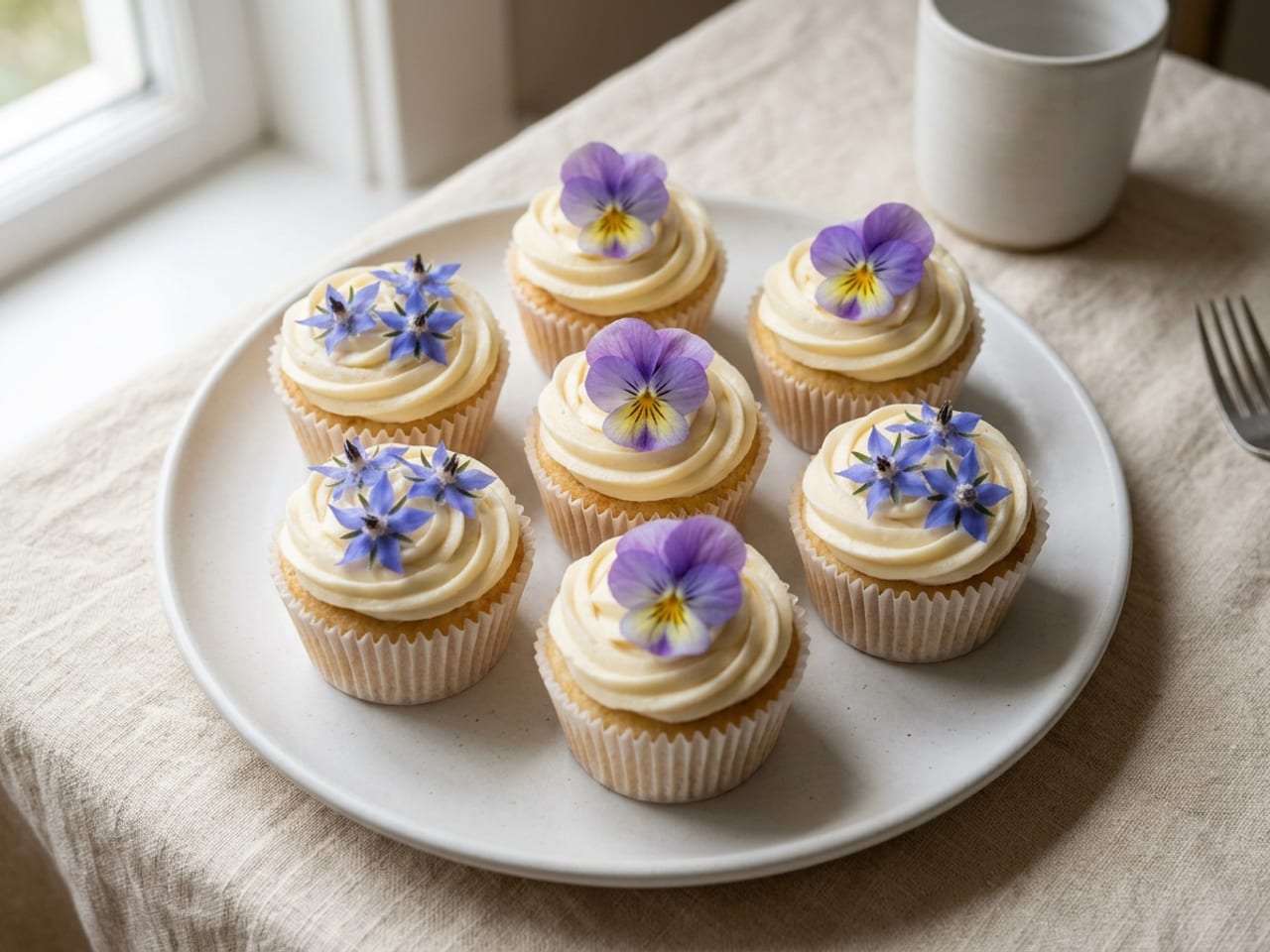 Cupcakes swirled with pale buttercream on a white plate, each topped with a fresh viola laid flat and a few small blue borage flowers, no stems anywhere