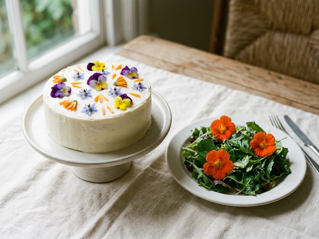 A small round cake with smooth white buttercream on a pale ceramic cake stand, its top scattered with fresh purple and yellow violas, small blue borage flowers and orange calendula petals laid flat with no stems, beside a white plate of green leaf salad topped with orange nasturtium flowers, on cream linen