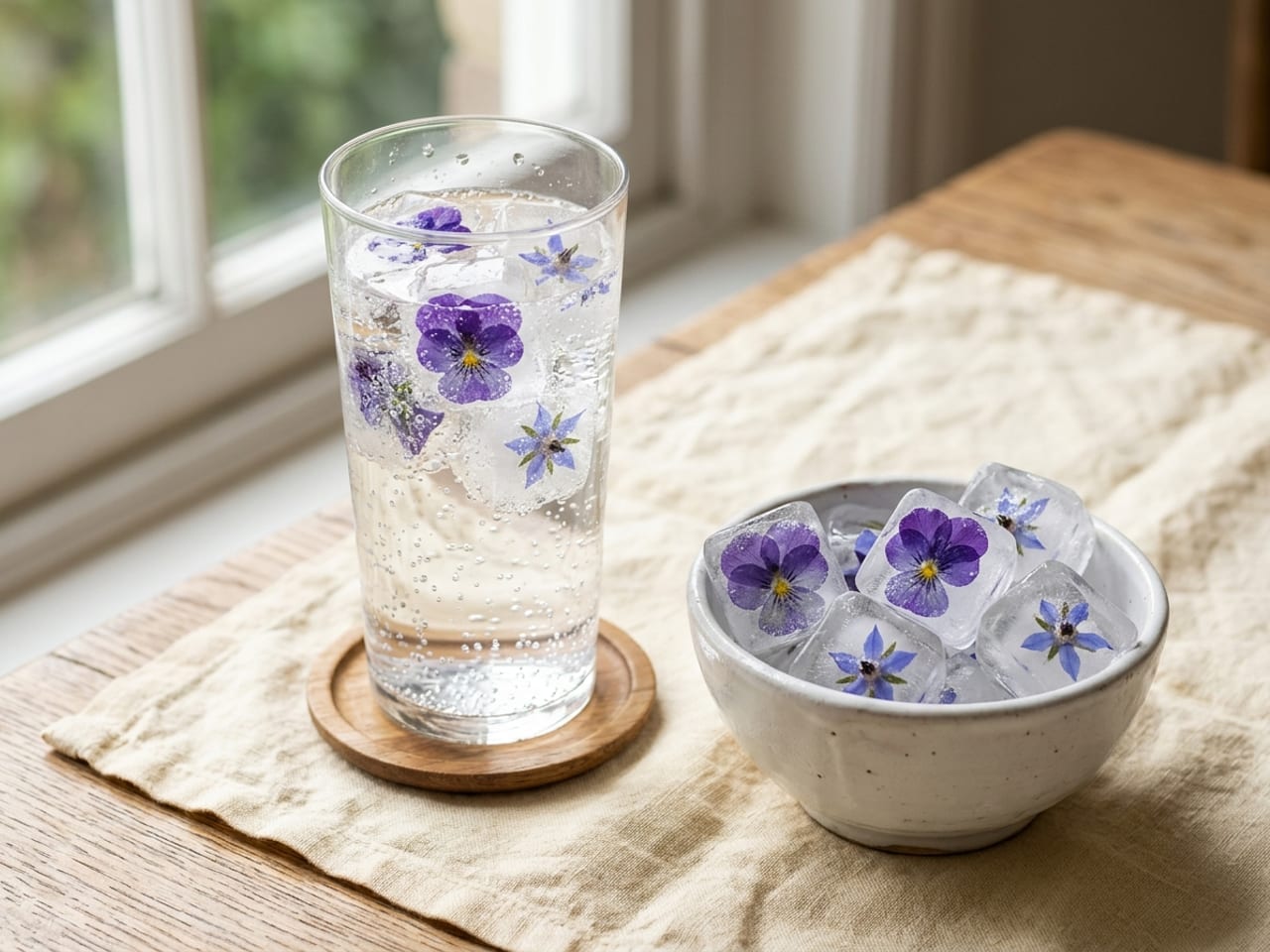Clear ice cubes with purple violas and blue borage flowers frozen inside, in a tall glass of sparkling water and in a small white bowl beside it