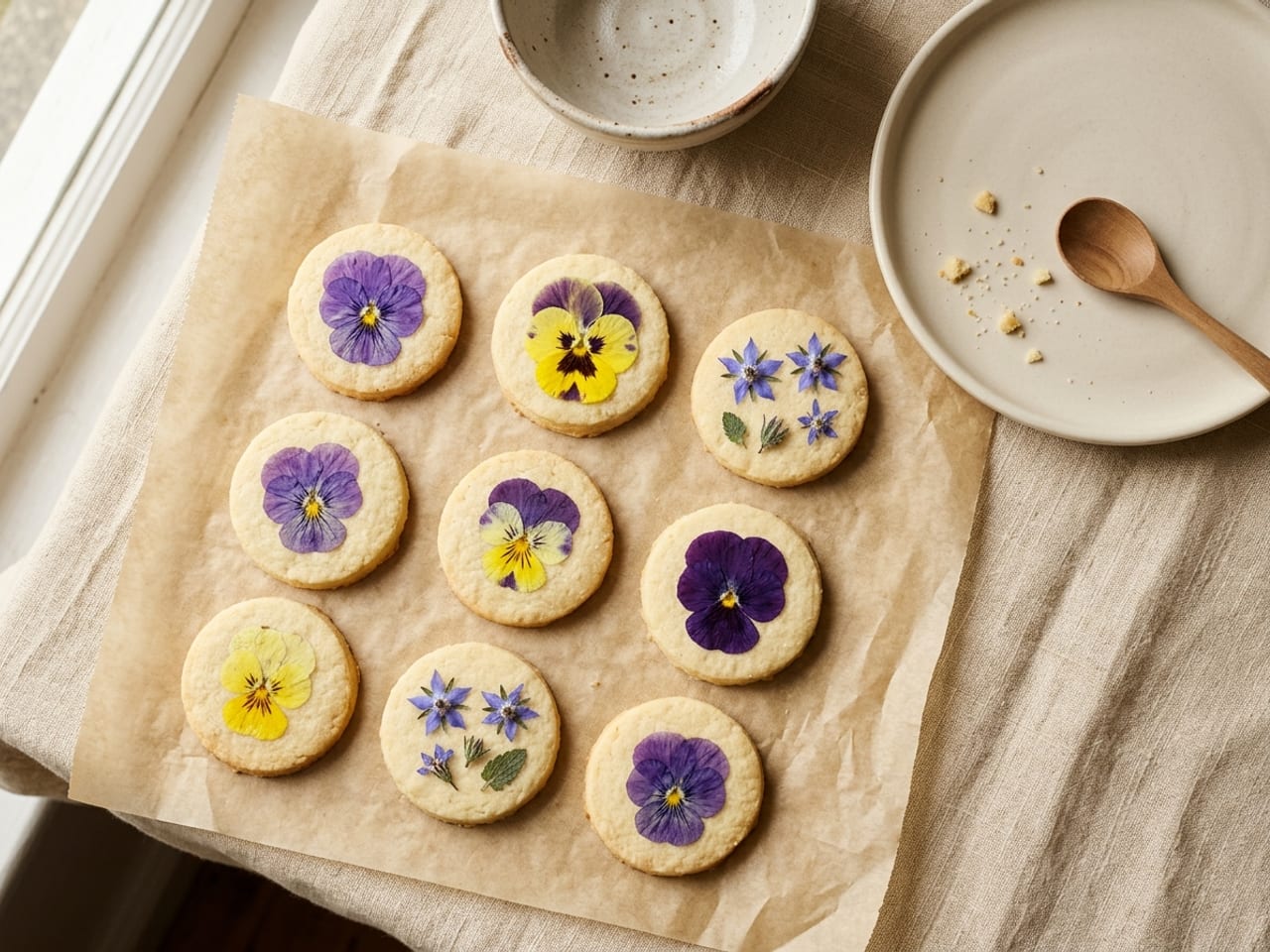 Round pale shortbread biscuits on parchment, each with a flattened edible flower pressed into the top: purple and yellow pansies, small blue borage flowers and tiny herb leaves