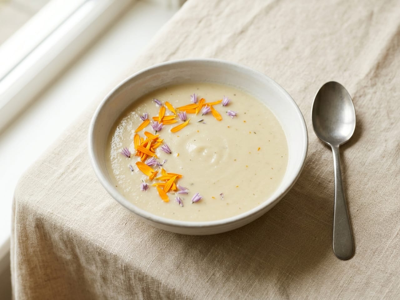 A shallow white bowl of pale creamy soup scattered with bright orange calendula petals and a few purple chive blossom florets