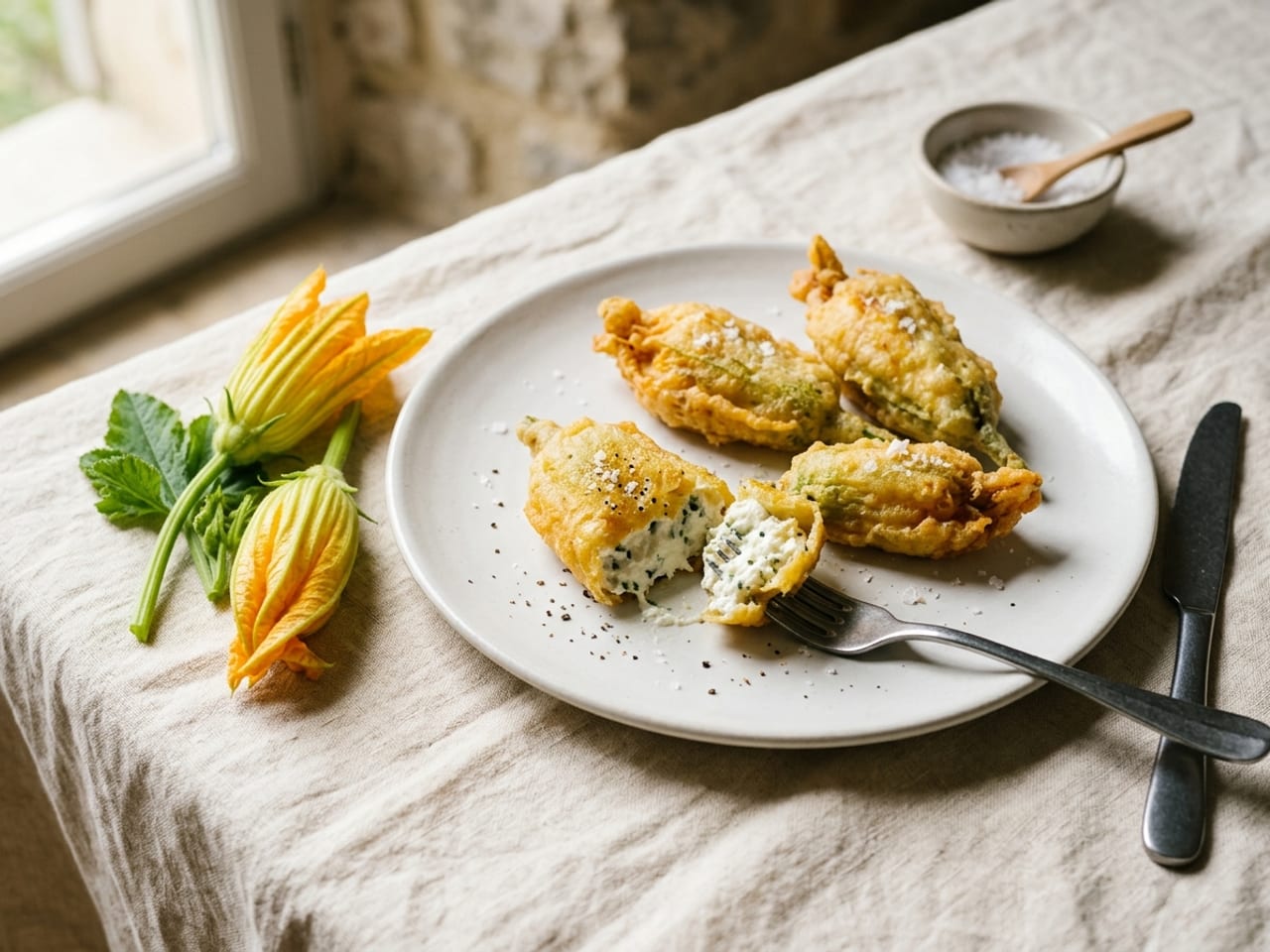 Golden batter-fried squash blossoms stuffed with ricotta on a white plate, sprinkled with flaky sea salt, with two fresh yellow squash blossoms on their stems beside the plate