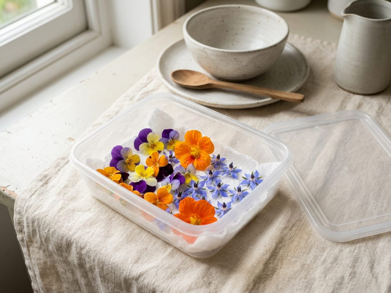 A clear rigid plastic container lined with a damp paper towel, holding fresh violas, nasturtiums and borage flowers in a single layer, its lid beside it on a table