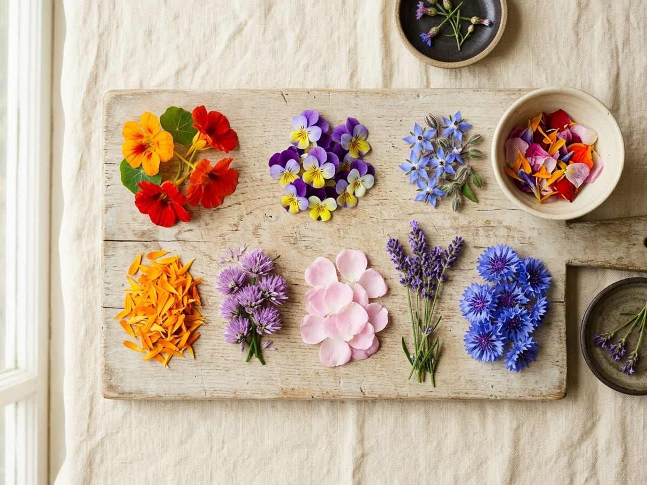 Edible flowers in separate groups on a wooden board: orange and red nasturtiums, purple and yellow violas, small blue borage flowers, orange calendula petals, purple chive blossoms, pale pink rose petals, lavender sprigs and blue cornflowers
